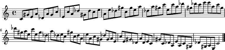 
{

\modalTranspose c c' { c des e gis a } { c8 gis e a } 
\modalTranspose c des' { c des e gis a } { c gis e a } 
\modalTranspose c e' { c des e gis a } { c gis e a } 
\modalTranspose c gis' { c des e gis a } { c gis e a } 
\modalTranspose c a' { c des e gis a } { c gis e a } 
\modalTranspose c c'' { c des e gis a } { c gis e a } 
\modalTranspose c des'' { c des e gis a } { c gis e a } 
\modalTranspose c e'' { c des e gis a } { c gis e a } 
\modalTranspose c gis'' { c des e gis a } { c gis e a } 

\modalInversion c e''' { c des e gis a } { c gis e a } 
\modalInversion c des''' { c des e gis a } { c gis e a } 
\modalInversion c c''' { c des e gis a } { c gis e a } 
\modalInversion c a'' { c des e gis a } { c gis e a } 
\modalInversion c gis'' { c des e gis a } { c gis e a } 
\modalInversion c e'' { c des e gis a } { c gis e a } 
\modalInversion c des'' { c des e gis a } { c gis e a } 
\modalInversion c c'' { c des e gis a } { c gis e a } 
\modalInversion c a' { c des e gis a } { c gis e a } 
\modalInversion c gis' { c des e gis a } { c gis e a } 
\modalInversion c e' { c des e gis a } { c gis e a } 
\modalInversion c des' { c des e gis a } { c gis e a } 

c'2

\bar "|."
}
