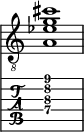  
<<
  %\override Score.BarLine.break-visibility = ##(#f #t #t)
  \time 1/1
    \new Staff  {
    \clef "treble_8"
        \once \override Staff.TimeSignature #'stencil = ##f
        <  a ees' g' cis''>1
    }

     \new TabStaff {
       \override Stem #'transparent = ##t
       \override Beam #'transparent = ##t 
      <  a\4 dis'\3 g'\2 cis''\1>1
  }
>>
