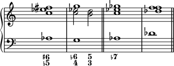 
\new PianoStaff <<
  \new Staff {
\override Staff.TimeSignature.transparent = ##t
    \new Voice = "right" {
      \relative c'' { \clef treble <c es fis>1 << { \voiceOne g' } \new Voice { \voiceTwo <c, es>2 <b d> } >> \oneVoice <>1 \bar "||" <c es ges>1 << { \voiceOne f } \new Voice { \voiceTwo <f des> } >> \bar "||" }
    }
  }
  \new Staff {
\override Staff.TimeSignature.transparent = ##t
    \new Voice = "left" {
      \relative c' { \clef "bass"  as1 g as des }
    }
  }
  \new FiguredBass {
    \figuremode { <6+ 5->1 <6- 4>2 <5 3> <7->}
  }
>>
