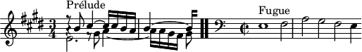 
\version "2.18.2"
\header {
  tagline = ##f
}

\score {
  \new Staff \with {

  }
<<
  \relative c'' {
    \key e \major
    \time 3/4
    \set Staff.midiInstrument = #"harpsichord" 

     %% INCIPIT CBT II-9, BWV 878, mi majeur
     << { r8^\markup{Prélude} b8 cis4~ cis16 cis b a | \once \override Staff.TimeSignature #'stencil = ##f \time 3/4 

{ 
 % suppression des warnings :
 #(ly:set-option 'warning-as-error #f)
 #(ly:expect-warning (_ "stem does not fit in beam")) %% <= à traduire éventuellement
 #(ly:expect-warning (_ "beam was started here")) %% <= à traduire éventuellement
b4~ 
  \set stemRightBeamCount = #2
  b4*1/4[ s]
}

 } \\ { e,2. } \\ { a4\rest f8\rest \stemDown gis8 a4_~ a16 a gis fis gis8 } >> \bar ".."

     \relative c
     \skip 4*1
     \override Staff.Clef.extra-offset = #'( -1 . 0 )
     \clef bass
\override Staff.TimeSignature #'stencil = #ly:text-interface::print
\override Staff.TimeSignature #'text = \markup \musicglyph #"timesig.C22"
     \time 4/2 
     s4*0^\markup{Fugue} e,1 fis2 a gis fis e4

  }
>>
  \layout {
     \context { \Score \remove "Metronome_mark_engraver"  \override SpacingSpanner.common-shortest-duration =
        #(ly:make-moment 1/3) }
  }
  \midi {}
}
