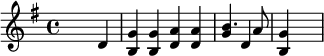 {\set Staff.midiInstrument = #"Tubular Bells" \key g \major \skip2. d'4 <b g'> <b g'> <d' a'> <d' a'> << { b'4. a'8 } { g'4 d'4 } >> \bar "|" <g' b> \skip4}