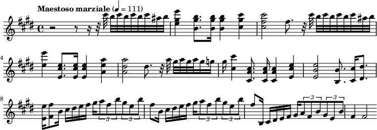 
{ \relative c'' {
 \clef treble
 \key e \major
 \tempo "Maestoso marziale" 4 = 111
 \set Staff.midiInstrument = "brass section"
 r2 r8 r16 r32 cis' b cis b cis b cis ais b <e gis, e>4 <b gis b,>8. <b gis b,>16 <b gis b,>4 <cis gis cis,> <cis fis, cis>2 fis,8. r32
 cis'32 b cis b cis b cis ais b <e e,>4 <e, cis e,>8. <e cis e,>16 <e cis e,>4 <a e a,> <a dis, a>2 dis,8. r32
 a'32 gis a gis a gis16 g gis <cis cis,>4 <cis, a cis,>8. <cis a cis,>16 <cis a cis,>4 <e cis e,> <e b e,>2
 <b b,>8. <cis cis,>16 <dis dis,>8. <e e,>16 <fis fis,>8 b,16 cis dis e fis gis \tuplet 3/2 {a8 fis b} \tuplet 3/2 {gis e b'} fis
 b,16 cis dis e fis gis \tuplet 3/2 {a8 fis b} \tuplet 3/2 {gis e b'} fis b,,16 cis dis e fis gis \tuplet 3/2 {a8 fis b} \tuplet 3/2 {gis e b'} fis4 fis2
 } } 