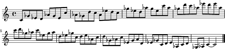 
{

\modalTranspose c c' { c d ees ges aes } { c8 ges ees } 
\modalTranspose c d' { c d ees ges aes } { c ges ees } 
\modalTranspose c ees' { c d ees ges aes } { c ges ees } 
\modalTranspose c ges' { c d ees ges aes } { c ges ees } 
\modalTranspose c aes' { c d ees ges aes } { c ges ees } 
\modalTranspose c c'' { c d ees ges aes } { c ges ees } 
\modalTranspose c d'' { c d ees ges aes } { c ges ees } 
\modalTranspose c ees'' { c d ees ges aes } { c ges ees } 
\modalTranspose c ges'' { c d ees ges aes } { c ges ees } 
\modalTranspose c aes'' { c d ees ges aes } { c ges ees } 

\modalInversion c ees''' { c d ees ges aes } { c ges ees } 
\modalInversion c d''' { c d ees ges aes } { c ges ees } 
\modalInversion c c''' { c d ees ges aes } { c ges ees } 
\modalInversion c aes'' { c d ees ges aes } { c ges ees } 
\modalInversion c ges'' { c d ees ges aes } { c ges ees } 
\modalInversion c ees'' { c d ees ges aes } { c ges ees } 
\modalInversion c d'' { c d ees ges aes } { c ges ees } 
\modalInversion c c'' { c d ees ges aes } { c ges ees } 
\modalInversion c aes' { c d ees ges aes } { c ges ees } 
\modalInversion c ges' { c d ees ges aes } { c ges ees } 
\modalInversion c ees' { c d ees ges aes } { c ges ees } 
\modalInversion c d' { c d ees ges aes } { c ges ees } 

c'4~ c'2

\bar "|."
}
