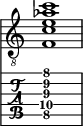  
<<
  %\override Score.BarLine.break-visibility = ##(#f #t #t)
  \time 1/1
    \new Staff  {
    \clef "treble_8"
        \once \override Staff.TimeSignature #'stencil = ##f
        < f c' e' aes' c''>1
    }

     \new TabStaff {
       \override Stem #'transparent = ##t
       \override Beam #'transparent = ##t 
      < f\5 c'\4 e'\3 gis'\2 c''\1>1
  }
>>
