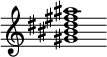 {
  % Rivin lopun pystyviiva ja tahtiosoitus piiloon.
  \override Score.BarLine.break-visibility = ##(#f #t #t)
  \override Staff.TimeSignature #'stencil = ##f
  
  <gis' bis' dis'' fis'' ais''>1
}
