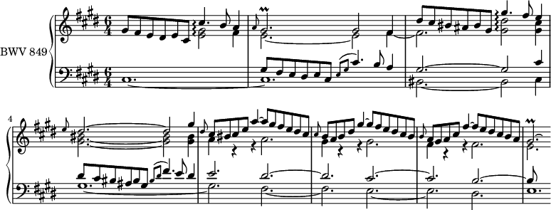 
\version "2.18.2"
\header {
  tagline = ##f
}

%% PRÉLUDE CBT I-4, BWV 849, ut-dièse mineur

Thema = { gis8 fis e dis e cis }
Arp = { \tag #'print { cis'4.\arpeggio } \tag #'midi { << {} \\ {} \\ {} >> < gis e cis > } } 

tempoVoice =
{
    \time 6/4
    \tempo 2. = 30 s8 \tempo 2. = 40 s8*5 \tempo 2. = 25 \grace s4 \tempo 2. = 40 s2. |
    \tempo 2. = 20 \grace s8 \tempo 2. = 40 s2. \tempo 2. = 25 \grace s4 \tempo 2. = 40 s2. |
    \tempo 2. = 30 s8 \tempo 2. = 40 s8*5 \tempo 2. = 25 \grace s4 \tempo 2. = 40 s2. |
    \tempo 2. = 20 \grace s8 \tempo 2. = 40 s2. \tempo 2. = 25 \grace s4 \tempo 2. = 40 s2. |
    \tempo 2. = 30 \grace s8 s8 \tempo 2. = 40 s8*5 \tempo 2. = 20 s8 \tempo 2. = 40 s8*5 |
    \tempo 2. = 30 \grace s8 s8 \tempo 2. = 40 s8*5 \tempo 2. = 30 s8 \tempo 2. = 40 s8*5 |
    \tempo 2. = 30 \grace s8 s8 \tempo 2. = 40 s8*5 \tempo 2. = 25 s8 \tempo 2. = 40 s8*5 |
}

arpegis = { \tag #'print { <e gis>2\arpeggio } \tag #'midi { \grace { e8~ gis~ } <e gis>2 } }
arpgisdis = { \tag #'print { <gis dis'>2\arpeggio } \tag #'midi { \grace { gis8~ dis'~ } <gis, dis'>2 } }

PrallgBp = { \tag #'print { gis2.\prall } \tag #'midi { gis16 a gis a gis2 }  }
PrallgBpfrac = { \tag #'print { gis2.*1/8~\prall } \tag #'midi { a16 gis a gis~ gis4~ }  }

upper = \relative c''
{
    \clef treble 
    \key cis \minor
    \time 6/4
    \set Staff.midiInstrument = #"harpsichord" 
    \set PianoStaff.connectArpeggios = ##t
    \set tieWaitForNote = ##t

   << {
      \Thema cis'4.\arpeggio b8 a4 | \grace a8 \PrallgBp gis2 fis4 |
      dis'8 cis bis ais bis gis gis'4.\arpeggio fis8 e4 |
      \grace e8 dis2.~ dis2 gis4 | \grace dis8 cis8 bis cis e a4~ a8 gis fis e dis cis |
      \grace cis8 b8 a b dis gis4~ gis8 fis e dis cis b |
      \grace b8 a8 gis a cis fis4~ fis8 e dis cis b a \PrallgBpfrac | \hideNotes gis16
    } \\ {
      s2. \arpegis fis4 | e2.~ e2 fis4~ | fis2. \arpgisdis < cis gis >4 |
      < bis gis >2.~ q2 q4 | a4 r4 r4 a2. | gis4 r4 r4 gis2. | fis4 r4 r4 fis2. | e2.*1/4
    } >>
}

lower = \relative c
{
    \clef bass 
    \key cis \minor
    \time 6/4
    \set Staff.midiInstrument = #"harpsichord" 

    << {
      s1. | \relative c' { \Thema } \grace { e8^( gis } cis4.) b8 a4 | gis2.~ gis2 cis4 |
      dis8 cis bis ais bis gis \grace { bis8^( dis } fis4.) e8 dis4 | e2. dis2.~ |
      dis cis~ | cis b~ | b8
    } \\ {
      cis,1.~ | cis | bis2.~ bis2 cis4 | gis'1.~ | gis2. fis~ | fis e~ | e dis | e1.*1/8
    } >>
} 

thePianoStaff =  \new PianoStaff <<
    \set PianoStaff.instrumentName = #"BWV 849"
    \new Staff = "upper" <<
      \new NullVoice { \tempoVoice }
      \new Voice { \upper }
    >>
    \new Staff = "lower" \lower
  >>

\score {
  \keepWithTag #'print \thePianoStaff
  \layout {
    \context {
      \Score
      \remove "Metronome_mark_engraver"
    }
  }
}
\score {
  \keepWithTag #'midi \thePianoStaff
  \midi { }
}
