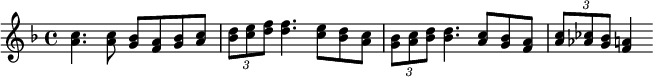 \relative c'' {\key f \major <a c>4. <a c>8 <b g> <f a> <g b> <a c> \tuplet 3/2 { <b d>8 <c e> <d f>} <d f>4. <e c>8 <b d> <a c> \tuplet 3/2 { <b g>8 <c a> <d b>} <d b>4. <a c>8 <b g> <a f> \tuplet 3/2 {<a c> <ces as> <g b>} <a f>4}