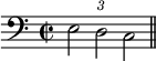 
\language "italiano"
  \relative do {
  \clef bass
  \key do \major
  \time 2/2
  \override TupletBracket.bracket-visibility = ##f
  \stemDown \tupletUp \tuplet 3/2 { mi2 re do }  \bar "||"
}
\header { tagline = ##f}
\paper {
  indent = 0
  line-width = #120
}
