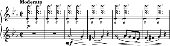 
{ \new PianoStaff <<
\new Staff \relative c'' { \set Staff.midiInstrument = #"string ensemble 1" \key c \minor \clef treble \time 2/2 \set Score.tempoHideNote = ##t \tempo "Moderato" 2 = 60
  \times 4/6  {
    <c es c'>2. \p :8
  }
  \times 4/6  {
    <c es c'>2. :8
  }
  | % 2
  \times 4/6  {
    <c es c'>2. :8
  }
  \times 4/6  {
    <c es c'>2. :8
  }
  | % 3
  \times 4/6  {
    <c es c'>2. :8
  }
  \times 4/6  {
    <c es c'>2. :8
  }
  | % 4
  \times 4/6  {
    <c es c'>2. :8
  }
  \times 4/6  {
    <c es c'>2. :8
  }
  | % 5
  \times 4/6  {
    <c es c'>2. :8
  }
  \times 4/6  {
    <c es c'>2. :8
  }
  | % 6
  \times 4/6  {
    <c es c'>2. :8
  }
  \times 4/6  {
    <c es c'>2. :8
  }
  }
\new Staff \relative as' { \set Staff.midiInstrument = #"string ensemble 1" \key c \minor \clef treble \time 2/2
  R1*2 | % 3
  as2. \mf \< ( g4 ) | % 4
  fis2 \! \> ( g4 ) r4 \! | % 5
  as2 \< ( ~ as8 g8 f8 es8 ) | % 6
  f4 \! \> ( fis4 g4 ) r4 \! }
>> }
