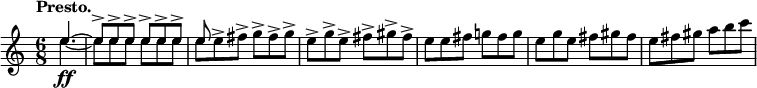 
\relative c'' {
 \key c \major \time 6/8 \set Score.tempoHideNote = ##t \tempo "Presto." 4=190 \partial 4.
 <<
  { e4.~ e8-> e-> e-> e-> e-> e-> e }
  \\
  { 
   e4.\ff ~ e8 e e e e e e e^> fis^> g^> fis^> g^> e^> g^> e^> fis^> gis^> fis^>
   e e fis g! fis g e g e fis gis fis e fis gis a b c
  }
 >>
}
