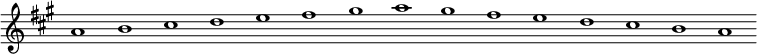 \n\n\\new Staff {\n  \\relative c'' {\n    \\key a \\major\n    \\override Staff.TimeSignature #'stencil = ##f\n    \\override Staff.BarLine #'stencil = ##f\n     a1 b cis d e fis gis a gis fis e d cis b a\n  }\n}\n\\midi {\n  \\context {\n    \\Score\n    tempoWholesPerMinute = #(ly:make-moment 120 1)\n  }\n}\n