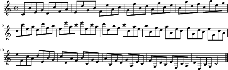 
{

\modalTranspose c c' { c d e f g a b } { c8 b e g }
\modalTranspose c d' { c d e f g a b } { c b e g }
\modalTranspose c e' { c d e f g a b } { c b e g }
\modalTranspose c f' { c d e f g a b } { c b e g }
\modalTranspose c g' { c d e f g a b } { c b e g }
\modalTranspose c a' { c d e f g a b } { c b e g }
\modalTranspose c b' { c d e f g a b } { c b e g }
\modalTranspose c c'' { c d e f g a b } { c b e g }
\modalTranspose c d'' { c d e f g a b } { c b e g }
\modalTranspose c e'' { c d e f g a b } { c b e g }
\modalTranspose c f'' { c d e f g a b } { c b e g }

\modalInversion c e''' { c d e f g a b } { c b e g }
\modalInversion c d''' { c d e f g a b } { c b e g }
\modalInversion c c''' { c d e f g a b } { c b e g }
\modalInversion c b'' { c d e f g a b } { c b e g }
\modalInversion c a'' { c d e f g a b } { c b e g }
\modalInversion c g'' { c d e f g a b } { c b e g }
\modalInversion c f'' { c d e f g a b } { c b e g }
\modalInversion c e'' { c d e f g a b } { c b e g }
\modalInversion c d'' { c d e f g a b } { c b e g }
\modalInversion c c'' { c d e f g a b } { c b e g }
\modalInversion c b' { c d e f g a b } { c b e g }
\modalInversion c a' { c d e f g a b } { c b e g }
\modalInversion c g' { c d e f g a b } { c b e g }
\modalInversion c f' { c d e f g a b } { c b e g }
\modalInversion c e' { c d e f g a b } { c b e g }
\modalInversion c d' { c d e f g a b } { c b e g }


c'2

\bar "|."
}
