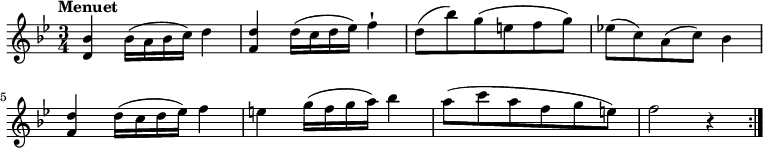 
\relative c'' { 
   \version "2.18.2"
   \clef "treble" 
   \tempo "Menuet" 
   \key bes \major
   \time 3/4
       <d, bes'>4 bes'16 (a bes c) d4
       <f, d'>4 d'16 (c d ees ) f4-!
       d8 (bes') g (e f g)
       ees! (c) a (c) bes4
       <f d'>4 d'16 (c d ees ) f4
       e4 g16 (f g a ) bes4
       a8 (c a f g e)
       f2 r4 \bar ":|."
}
