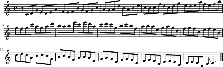 
{

r8
\modalTranspose c c' { c d e f g a b } { c8 d g e } 
\modalTranspose c d' { c d e f g a b } { c d g e } 
\modalTranspose c e' { c d e f g a b } { c d g e } 
\modalTranspose c f' { c d e f g a b } { c d g e } 
\modalTranspose c g' { c d e f g a b } { c d g e } 
\modalTranspose c a' { c d e f g a b } { c d g e } 
\modalTranspose c b' { c d e f g a b } { c d g e } 
\modalTranspose c c'' { c d e f g a b } { c d g e } 
\modalTranspose c d'' { c d e f g a b } { c d g e } 
\modalTranspose c e'' { c d e f g a b } { c d g e } 
\modalTranspose c f'' { c d e f g a b } { c d g e } 
\modalTranspose c g'' { c d e f g a b } { c d g e } 
\modalTranspose c a'' { c d e f g a b } { c d g e } 

\modalInversion c e''' { c d e f g a b } { c d g e } 
\modalInversion c d''' { c d e f g a b } { c d g e } 
\modalInversion c c''' { c d e f g a b } { c d g e } 
\modalInversion c b'' { c d e f g a b } { c d g e } 
\modalInversion c a'' { c d e f g a b } { c d g e } 
\modalInversion c g'' { c d e f g a b } { c d g e } 
\modalInversion c f'' { c d e f g a b } { c d g e } 
\modalInversion c e'' { c d e f g a b } { c d g e } 
\modalInversion c d'' { c d e f g a b } { c d g e } 
\modalInversion c c'' { c d e f g a b } { c d g e } 
\modalInversion c b' { c d e f g a b } { c d g e } 
\modalInversion c a' { c d e f g a b } { c d g e } 
\modalInversion c g' { c d e f g a b } { c d g e } 
\modalInversion c f' { c d e f g a b } { c d g e } 
\modalInversion c e' { c d e f g a b } { c d g e } 
\modalInversion c d' { c d e f g a b } { c d g e } 

c'4.

\bar "|."
}
