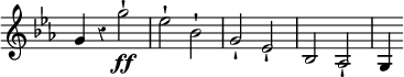 { \relative g' { \key ees \major \time 4/4 \override Score.Rest #'style = #'classical \override Score.TimeSignature #'stencil = ##f
  g4 r g'2-!\ff | ees-! bes-! | g-! ees-! | bes aes-! \time 3/4 g4 } }