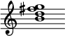 {
  % Rivin lopun pystyviiva ja tahtiosoitus piiloon.
  \override Score.BarLine.break-visibility = ##(#f #t #t)
  \override Staff.TimeSignature #'stencil = ##f
  
  <b' d'' fis'' g''>1
}
