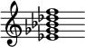 {
  % Rivin lopun pystyviiva ja tahtiosoitus piiloon.
  \override Score.BarLine.break-visibility = ##(#f #t #t)
  \override Staff.TimeSignature #'stencil = ##f
  
  <ees' ges' bes' des'' f''>1
}
