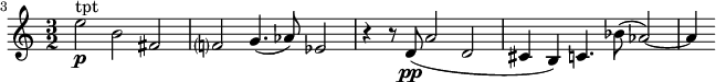 
\relative c'' {
\time 3/2
\set Staff.midiInstrument = #"trumpet"
\set Score.tempoHideNote = ##t \tempo 2 = 100
  \set Score.barNumberVisibility = #all-bar-numbers-visible
  \override TupletBracket #'stencil = ##f
  \set Score.currentBarNumber = #3
  \key c\major
  % Permit first bar number to be printed
  \bar ""
e2\p^"tpt" b fis | f? g4.( as8) es2 |r4 r8 d8\pp( a'2 d, | cis4( b) c4. bes'8( as2~) | as4|
}
