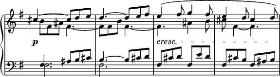 
 \relative c' {
  \new PianoStaff <<
   \new Staff \with { \remove "Time_signature_engraver" } { \key e \minor \time 6/8
    <<
     {
      \override DynamicLineSpanner #'staff-padding = #4.0
      \override DynamicLineSpanner #'Y-extent = #'(-0.0 . 0.0)
      \override TextScript #'Y-extent = #'(-1.0 . 1.0) 
      \once \override NoteColumn #'force-hshift = #-2.0
      cis'4.~\p cis8 d e d4.~ d8 e fis e4\cresc( fis8 g4 fis8 e4 d8 cis4 d8\!) }
    \\
     { b8 fis ais fis4.~ fis8 fis b fis4.~ fis ais4 b8 cis8 fis,4~ fis4. }
    >>
   }
   \new Staff \with { \remove "Time_signature_engraver" } { \key e \minor \time 6/8 \clef bass
    <<
     { fis,4. ais8 b cis b4.~ b8 cis d fis, cis' d fis, e' d fis, cis' b fis ais b }
    \\
     { fis2. fis2. }
    >>
   }
  >>
 }
