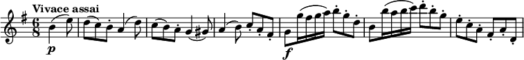 
\relative c'' {
    \version "2.18.2"
     \key g \major
     \time 6/8
     \tempo "Vivace assai"
     \tempo 4 = 120
  \partial 4. b4 \p (e8)
  d (c) b-. a4 (d8)
  c8 (b) a-. g4 (gis8)
  a4 (b8) c-. a-. fis-.
  g \f g'16 (fis g a) b8-. g-. d-. 
  b b'16 (a b c) d8-. b-. g-.
  e-. c-. a-. fis-. a-. d,-.
}
