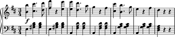 
 \relative b' {
  \new PianoStaff <<
   \new Staff { \key b \minor \time 3/4
    <b b'> <cis cis'>4. <d d'>8 <fis fis'>4 r <e e'> <e e'> <d d'>4. a'8 g4 r fis <cis cis'>4 <b b'>4. g'8 e4 r fis d r r
   }
   \new Dynamics {
    s\f
    }
   \new Staff { \key b \minor \time 3/4 \clef bass
    e,,4 <gis b d> <gis b d> e <gis b d> <gis b d> a, <fis' a d> <fis a d> a, <fis' a d> <fis a d> a, <g' a cis> <g a cis> a, <g' a cis> <g a cis> <d fis a> r r
   }
  >>
 }
