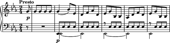 
 \relative g' {
  \new PianoStaff <<
   \new Staff { \key es \major \time 2/4 \partial 8 \set Score.tempoHideNote = ##t \tempo "Presto" 4=138
    g8 g [g g g] g4 (bes8) es, d [f aes d,] es [g bes, bes] aes [d f d] es [g bes, bes]
   }
   \new Dynamics {
    s1\p}
   \new Staff { \key es \major \time 2/4 \clef bass \partial 8
    r8 R2 <<
    {es,,8 [es' es es] es [es es es] r es [es es] es [es es es] r es [es es]}
    \\
    {es,2~ es es~ es es~}
    >>
   }
  \new Dynamics {
    s8 s2 s1\p}
  >>
 }
