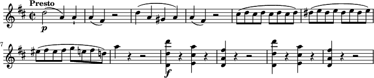 
 \relative c'' {
    \version "2.18.2"
    \key d \major
    \tempo "Presto"
    \time 2/2
   \tempo 4 = 200
    d2\p (a4) a-!
    a (fis) r2
    d'4 (a gis a)
    a (fis) r2
    cis'8 (d cis d cis d cis d)
    dis8 (e dis e dis e dis e)
    eis8 (fis eis fis g e fis d!)
    a'4 r4 r2
    <d,, d' d'>4\f r4 <e cis' a'> r4
    <d a' fis'> r4 r2
    <d d' d'>4 r4 <e cis' a'> r4
    <d a' fis'> r4 r2
 }
