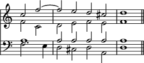 << \override Score.TimeSignature #'stencil = ##f \time 4/2 \new Staff << \new Voice { \partial 1 \relative c'' { \stemUp c2 f ^~ | f e d cis | d1 \bar "||" } } \new Voice { \relative f' { \stemDown f2 c| d e f e | f1 } } >>
\new Staff { \clef bass << \new Voice { \stemUp a1 | a2 a a a | a1 } \new Voice { \stemDown f2. e4 | d2 cis d a, | d1 } >> } >>