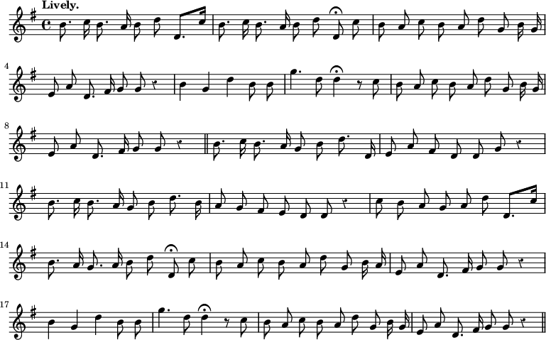 { \relative b' { \key g \major \time 4/4 \tempo "Lively." \autoBeamOff \override Score.Rest #'style = #'classical
 b8. c16 b8. a16 b8 d d,8.[ c'16] |
 b8. c16 b8. a16 b8 d d,\fermata c' | %end line 1
 b a c b a d g, b16 g | e8 a d,8. fis16 g8 g r4 | %end line 2
 b g d' b8 b | g'4. d8 d4\fermata r8 c | b a c b a d g, b16 g | %e3
 e8 a d,8. fis16 g8 g r4 \bar "||"
 b8. c16 b8. a16 g8 b d8. d,16 | %end line 4
 e8 a fis d d g r4 | b8. c16 b8. a16 g8 b d8. b16 | %end line 5
 a8 g fis e d d r4 | c'8 b a g a d d,8.[ c'16] | %end line 6
 b8. a16 g8. a16 b8 d d,\fermata c' |
 b a c b a d g, b16 a | %end line 7
 e8 a d,8. fis16 g8 g r4 | b g d' b8 b | g'4. d8 d4\fermata r8 c |%8
 b8 a c b a d g, b16 g | e8 a d,8. fis16 g8 g r4 \bar "||" } }