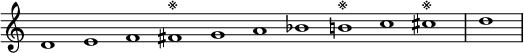 
\relative c' {  
   \new Staff \with { \remove "Time_signature_engraver" }  
   { \key a \minor \time 1/1 \cadenzaOn d1 e f fis^\markup{※} g a bes b^\markup{※} c cis^\markup{※}  \bar "|" d \bar"|"}
   }
