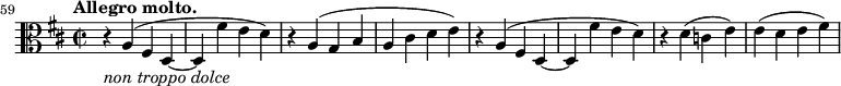 
\relative c' {
  \key d \major \time 2/2 \tempo "Allegro molto." \clef C
  \set Staff.midiInstrument = "violin"
  \set Score.tempoHideNote = ##t \tempo 1 = 88
  \set Score.currentBarNumber = #59 \bar ""
 r4_\markup{ \italic { non troppo dolce } } a( fis d~ d fis' e d) r a( g b a cis d e)
 r a,( fis d~ d fis' e d) r d( c e) e( d e fis) }
