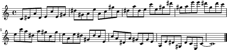 
{

\modalTranspose c c' { c dis e gis a } { c8 dis a } 
\modalTranspose c dis' { c dis e gis a } { c dis a } 
\modalTranspose c e' { c dis e gis a } { c dis a } 
\modalTranspose c gis' { c dis e gis a } { c dis a } 
\modalTranspose c a' { c dis e gis a } { c dis a } 
\modalTranspose c c'' { c dis e gis a } { c dis a } 
\modalTranspose c dis'' { c dis e gis a } { c dis a } 
\modalTranspose c e'' { c dis e gis a } { c dis a } 
\modalTranspose c gis'' { c dis e gis a } { c dis a } 

\modalInversion c e''' { c dis e gis a } { c dis a } 
\modalInversion c dis''' { c dis e gis a } { c dis a } 
\modalInversion c c''' { c dis e gis a } { c dis a } 
\modalInversion c a'' { c dis e gis a } { c dis a } 
\modalInversion c gis'' { c dis e gis a } { c dis a } 
\modalInversion c e'' { c dis e gis a } { c dis a } 
\modalInversion c dis'' { c dis e gis a } { c dis a } 
\modalInversion c c'' { c dis e gis a } { c dis a } 
\modalInversion c a' { c dis e gis a } { c dis a } 
\modalInversion c gis' { c dis e gis a } { c dis a } 
\modalInversion c e' { c dis e gis a } { c dis a } 
\modalInversion c dis' { c dis e gis a } { c dis a } 

c'8~ c'1

\bar "|."
}
