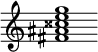 {
  % Rivin lopun pystyviiva ja tahtiosoitus piiloon.
  \override Score.BarLine.break-visibility = ##(#f #t #t)
  \override Staff.TimeSignature #'stencil = ##f
  
  <fis' ais' cisis'' e'' g''>1
}
