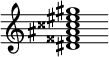 {
  % Rivin lopun pystyviiva ja tahtiosoitus piiloon.
  \override Score.BarLine.break-visibility = ##(#f #t #t)
  \override Staff.TimeSignature #'stencil = ##f
  
  <dis' fisis' ais' cisis'' eis'' gis''>1
}
