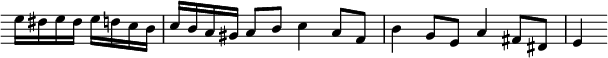 { \relative e'' { \override Score.TimeSignature #'stencil = ##f \override Score.Clef #'stencil = ##f \partial 2
  e16 dis e dis e d c b | c b a gis a8 b c4 a8 f |
  b4 g8 e a4 fis8 dis | e4 } }