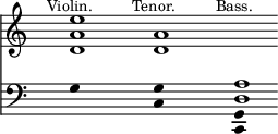 { << \new Staff { \override Score.TimeSignature #'stencil = ##f \time 8/1 s1
 <d' a' e''>1^\markup \small \center-align "Violin." s <d' a'>^\markup \small \center-align "Tenor." s s^\markup \small \center-align "Bass." }
\new Staff { \clef bass \override Staff.Stem #'stencil = ##f
 s1 g4*4/1 s <c g> s << { <d a>1 } \\ { <c, g,>4*4/1 } >> } >> }