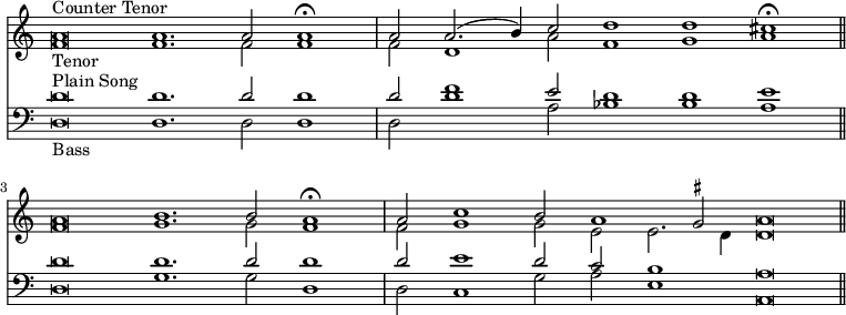 << \override Score.TimeSignature #'stencil = ##f \time 5/1 \new Staff << \new Voice { \stemUp \relative a' { a\breve^"Counter Tenor" a1. a2 a1\fermata | a2 a2.^( b4) c2 d1 d cis\fermata \bar "||" \break
a\breve b1. b2 a1\fermata | a2 c1 b2 a1 \set suggestAccidentals = ##t gis2 a\breve*1/2 \bar "||" } }
\new Voice { \stemDown \relative f' { f\breve_"Tenor" f1. f2 f1 | f2 d1 a'2 f1 g a | f\breve g1. g2 f1 | f2 g1 g2 e2 e2. d4 d\breve*1/2 } } >>
\new Staff << \clef bass \new Voice { \stemUp \relative d' { d\breve^"Plain Song" d1. d2 d1 | d2 f1 e2 d1 d e | d\breve d1. d2 d1 | d2 e1 d2 c b1 a\breve*1/2 } }
\new Voice { \stemDown \relative d { d\breve_"Bass" d1. d2 d1 | d2 d'1 a2 bes1 bes a | d,\breve g1. g2 d1 | d2 c1 g'2 a e1 a,\breve*1/2 } } >> >>