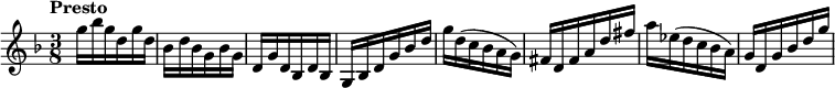 
{
% 0
    \tempo "Presto"
\numericTimeSignature \time 3/8 \key d \minor g''16 bes''16 g''16 d''16 g''16 d''16 bes'16 d''16 bes'16 g'16 bes'16 g'16 |
%    
% 1
    d'16 g'16 d'16 bes d'16 bes16 g16 bes16 d'16 g'16 bes'16 d''16 | g''16 d''16 ( c''16 bes'16 a'16 g'16 ) |
% 2
 fis'16 d'16 fis'16 a'16 d''16 fis''16 a''16 ees''16 ( d''16 c''16 bes'16 a'16 ) g'16 d'16 g'16 bes'16 d''16 g''16
 
\bar "|"
}
 
