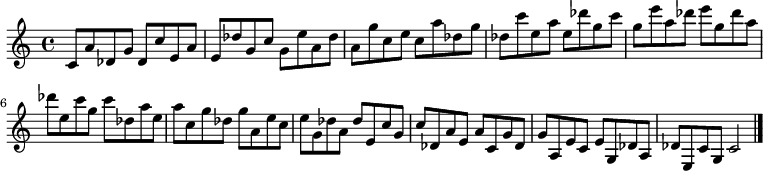 
{

\modalTranspose c c' { c des e g a } { c8 a des g } 
\modalTranspose c des' { c des e g a } { c a des g } 
\modalTranspose c e' { c des e g a } { c a des g } 
\modalTranspose c g' { c des e g a } { c a des g } 
\modalTranspose c a' { c des e g a } { c a des g } 
\modalTranspose c c'' { c des e g a } { c a des g } 
\modalTranspose c des'' { c des e g a } { c a des g } 
\modalTranspose c e'' { c des e g a } { c a des g } 
\modalTranspose c g'' { c des e g a } { c a des g } 

\modalInversion c e''' { c des e g a } { c a des g } 
\modalInversion c des''' { c des e g a } { c a des g } 
\modalInversion c c''' { c des e g a } { c a des g } 
\modalInversion c a'' { c des e g a } { c a des g } 
\modalInversion c g'' { c des e g a } { c a des g } 
\modalInversion c e'' { c des e g a } { c a des g } 
\modalInversion c des'' { c des e g a } { c a des g } 
\modalInversion c c'' { c des e g a } { c a des g } 
\modalInversion c a' { c des e g a } { c a des g } 
\modalInversion c g' { c des e g a } { c a des g } 
\modalInversion c e' { c des e g a } { c a des g } 
\modalInversion c des' { c des e g a } { c a des g } 

c'2

\bar "|."
}
