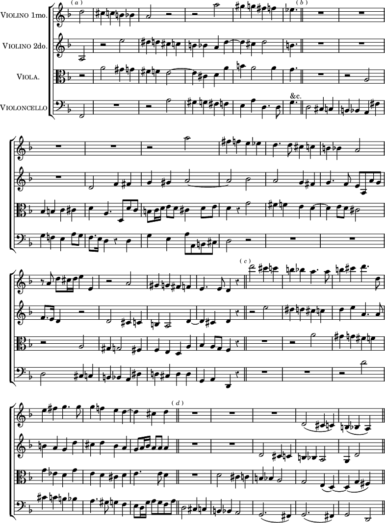 #(set-global-staff-size 19)
\header { tagline = ##f }
\score { \new ChoirStaff << \override Score.BarNumber #'break-visibility = #'#(#f #f #f) \override Score.Rest #'style = #'classical \override Score.TimeSignature #'stencil = ##f \override Score.PageNumber #'break-visibility = #'#(#f #f #f)
  \new Staff \with { instrumentName = \markup { \caps "Violino" 1mo. } } \relative d'' { \time 4/4 \partial 2 \key d \minor \mark \markup \tiny { (\italic"a") }
    d2 | cis4 c b bes | a2 r | r a' | gis4 g fis f |
    \partial 4. ees4. \bar "||" \mark \markup \tiny { (\italic"b") }
    R1*3 %end prev page
    R1 r2 a2 | fis4 f e ees | d4. d8 cis4 c | b bes a2 |
    r8 a d cis16 d e4 e, | r2 a | gis4 g fis f | e4. e8 d4 r \bar "||"
    \mark \markup \tiny { (\italic"c") }
    d''2 cis4 c | b bes a4. a8 |b4 cis d4. d,8 | e4 fis g4. g8 |
    g4 f! e d ~ | \partial 2. d cis d \bar "||"
    \mark \markup \tiny { (\italic"d") } R1*2 %end this page
    R1 d,2( cis4 c) | b( bes a) s \bar "||" }
  \new Staff \with { instrumentName = \markup { \caps "Violino" 2do. } } \relative a { \key d \minor
    a2 | r e'' | dis4 d cis c | b bes a d ~ | d cis d2 | b4. | R1*3
    d,2 f4 fis | g gis a2 ~ | a bes | a g4 fis |
    g4. f8 e a, a' g | f8. e16 d4 r2 | d2 cis4 c |
    b a2 d4 ~ | d cis d r
    r2 e' | dis4 d cis c | d e a,4. a8 | b4 a g d' |
    cis d bes a | g8 a16 bes a8 a a4 | R1*2
    d,2 cis4 c | b bes a2 | g4 d'2 s4 }
  \new Staff \with { instrumentName = \markup \caps "Viola." } \relative a' { \clef alto \key d \minor
    r2 | a gis4 g | fis f e2 ~ | e4 cis d a' | b a2 a4 | g4. |
    R1 r2 a, | bes4 b c cis | %end prev page
    d a4. d,8[ d' c] | b c16 d e8 d cis4 d8 e | d4 r g2 |
    fis4 f e d ~ | d e8 d cis2 | r a | gis4 g2 fis4 | f e d a' |
    bes a8 g f4 r | R1 r2 a' | gis4 g fis f | g ees d g | e d cis d |
    e4. e8 d4 | R1 d2 cis4 c | %end this page
    b bes a2 | g e4_( d) _~ d_( g fis) s }
  \new Staff \with { instrumentName = \markup \caps "Violoncello" } \relative f, { \clef bass \key d \minor
    f2 | R1 r2 a' | gis4 g fis f | e a d,4. d8 g4.^"&c." |
    d2 cis4 c | b bes a fis' | g f! e a8 g | %end prev page
    f8. e16 d4 r d | g e a8 a, b cis | d2 r R1*2 | d2 cis4 c |
    b bes a dis | d! cis d d | g, a d, r | R1*2 r2 d''2 |
    cis4 c b bes | a4. gis8 g4 f | e8 d16 g a8 g f a |
    d,2 cis4 c b bes a2 | %end this page
    g2.( fis4) | g2.( fis4) | g2 d } >>
\layout { indent = 2.0\cm } }