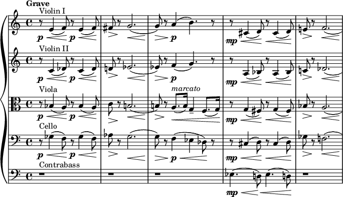  {\new PianoStaff {<<

\new Staff \relative c'{\set Staff.midiInstrument=#"violin" \time 4/4 \set Score.tempoHideNote = ##t \tempo "Grave" 4=50 \autoBeamOff \clef treble \key c \major ^"Violin I" |r8 \p \< e4(f8)\! r8 \p \< e4(f8)\!|\> fis8 r8 \! << g2.({ s4\< s4 s4 } >>\!|\> g8) r8 a4(\p b4.) r8|r8 \mp \< cis,4(d8) \! r8 \< cis4(d8)\!|\> e!8 r8 \! << f2.( { s4\< s4 s4 } >>\!|)}

\new Staff \relative c'{\set Staff.midiInstrument=#"violin" \time 4/4 \autoBeamOff \clef treble \key c \major ^"Violin II" |r8 \p \< c4(des8)\! r8 \p \< c4(des8)\!|\> d!8 r8 \! << ees2.({ s4\< s4 s4 } >>\!|\> ees8) r8 f4(\p g4.) r8|\mp \< r8 a,4(bes8) \! r8 \< a4(bes8)\!|\> c!8 r8 \! << des2.({ s4\< s4 s4 } >>\!|)}

\new Staff \relative c'{\set Staff.midiInstrument=#"viola" \time 4/4 \autoBeamOff \clef alto \key c \major ^"Viola" |r8 \p \< bes4(a8)\! r8 \p \< bes4(a8)\!|\> c8 r8 \! << b!2.({ s4\< s4 s4 } >>\!|\> b!8) r8 \! a8.(^\markup {\italic "marcato"} \< [b16]) g4-- f8.([g16])\!|\mp \< r8 g4(fis8) \! r8 \< g4(fis8)\!|\> bes8 r8 \! << a2.({ s4\< s4 s4 } >>\!|)}

\new Staff \relative c'{\set Staff.midiInstrument=#"cello" \time 4/4 \autoBeamOff \clef bass \key c \major ^"Cello" |r8 \p \< ges4(f8)\! r8 \p \< ges4(f8)\!|\> aes8 r8 \! << g2.({ s4\< s4 s4 } >>\!|\> g8) r8 f4(\p \< ees4 des8) \! r8|r8 \mp \< cis4(d8) \! r8 \< cis4(d8)\!|\> ges8 r8 \! << f!2.({ s4\< s4 s4 } >>\!|)}

\new Staff \relative c'{\set Staff.midiInstrument=#"contrabass" \time 4/4 \autoBeamOff \clef bass \key c \major ^"Contrabass" |r1|r1|r1|\mp \< ees,4.(d!8) \! \< ees4.(d!8)\!|r1|}>>}}