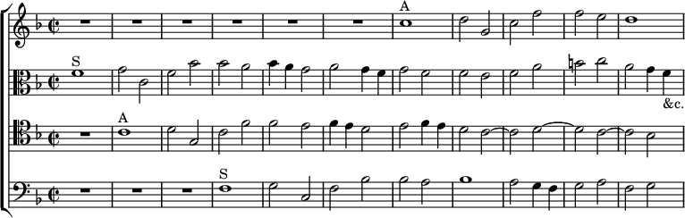 \new ChoirStaff << \override Score.BarNumber #'break-visibility = #'#(#f #f #f)
  \new Staff \relative c'' { \key f \major \time 2/2
    R1*6 c1^"A" d2 g, c f | f e d1 }
  \new Staff \relative f' { \clef alto \key f \major
    f1^"S" g2 c, | f bes | bes a | bes4 a g2 | a g4 f |
    g2 f | f e | f a | b c | a g4 f_"&c." }
  \new Staff \relative c' { \clef tenor \key f \major
    R1 c^"A" d2 g, c f | f e | f4 e d2 |
    e f4 e | d2 c ~ c d ~ d c ~ c bes ~ }
  \new Staff \relative f { \clef bass \key f \major
    R1*3 f1^"S" g2 c, | f bes | bes a | bes1 | a2 g4 f | g2 a f g } >>