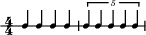 \header {
  tagline = ##f
}


\score {
  \new RhythmicStaff {
    \time 4/4
    \numericTimeSignature
    \new Voice { \voiceOne \magnifyStaff #2/3 es''4 es'' es'' es'' | \tuplet 5/4 { es''4 es'' es'' es'' es'' } }
  }
  \layout { }
}

\score {
  \new Staff {
    \time 4/4
    \set Staff.midiInstrument = "drums"
    \repeat unfold 4 {
      <<
        \new Voice { \voiceOne \magnifyStaff #2/3 es''4 es'' es'' es'' | \tuplet 5/4 { es''4 es'' es'' es'' es'' } }
        \new Voice { \voiceTwo c'1 | c'1 }
      >>
    }
  }
  \midi {
    \context {
      \Score tempoWholesPerMinute = #(ly:make-moment 100 4)
    }
  }
}
