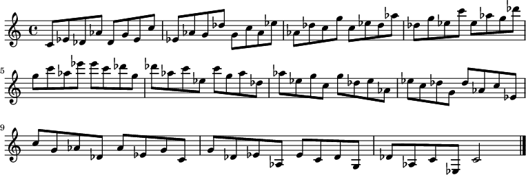 
{

\modalTranspose c c' { c des ees g aes } { c8 ees des aes } 
\modalTranspose c des' { c des ees g aes } { c ees des aes } 
\modalTranspose c ees' { c des ees g aes } { c ees des aes } 
\modalTranspose c g' { c des ees g aes } { c ees des aes } 
\modalTranspose c aes' { c des ees g aes } { c ees des aes } 
\modalTranspose c c'' { c des ees g aes } { c ees des aes } 
\modalTranspose c des'' { c des ees g aes } { c ees des aes } 
\modalTranspose c ees'' { c des ees g aes } { c ees des aes } 
\modalTranspose c g'' { c des ees g aes } { c ees des aes } 

\modalInversion c ees''' { c des ees g aes } { c ees des aes } 
\modalInversion c des''' { c des ees g aes } { c ees des aes } 
\modalInversion c c''' { c des ees g aes } { c ees des aes } 
\modalInversion c aes'' { c des ees g aes } { c ees des aes } 
\modalInversion c g'' { c des ees g aes } { c ees des aes } 
\modalInversion c ees'' { c des ees g aes } { c ees des aes } 
\modalInversion c des'' { c des ees g aes } { c ees des aes } 
\modalInversion c c'' { c des ees g aes } { c ees des aes } 
\modalInversion c aes' { c des ees g aes } { c ees des aes } 
\modalInversion c g' { c des ees g aes } { c ees des aes } 
\modalInversion c ees' { c des ees g aes } { c ees des aes } 
\modalInversion c des' { c des ees g aes } { c ees des aes } 

c'2

\bar "|."
}
