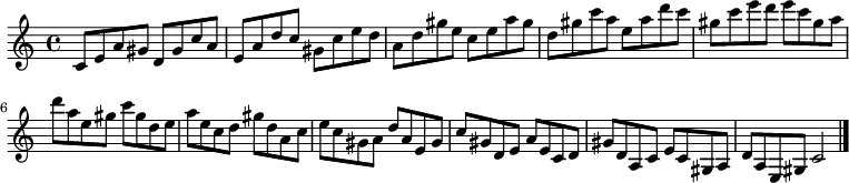 
{

\modalTranspose c c' { c d e gis a } { c8 e a gis } 
\modalTranspose c d' { c d e gis a } { c e a gis } 
\modalTranspose c e' { c d e gis a } { c e a gis } 
\modalTranspose c gis' { c d e gis a } { c e a gis } 
\modalTranspose c a' { c d e gis a } { c e a gis } 
\modalTranspose c c'' { c d e gis a } { c e a gis } 
\modalTranspose c d'' { c d e gis a } { c e a gis } 
\modalTranspose c e'' { c d e gis a } { c e a gis } 
\modalTranspose c gis'' { c d e gis a } { c e a gis } 

\modalInversion c e''' { c d e gis a } { c e a gis } 
\modalInversion c d''' { c d e gis a } { c e a gis } 
\modalInversion c c''' { c d e gis a } { c e a gis } 
\modalInversion c a'' { c d e gis a } { c e a gis } 
\modalInversion c gis'' { c d e gis a } { c e a gis } 
\modalInversion c e'' { c d e gis a } { c e a gis } 
\modalInversion c d'' { c d e gis a } { c e a gis } 
\modalInversion c c'' { c d e gis a } { c e a gis } 
\modalInversion c a' { c d e gis a } { c e a gis } 
\modalInversion c gis' { c d e gis a } { c e a gis } 
\modalInversion c e' { c d e gis a } { c e a gis } 
\modalInversion c d' { c d e gis a } { c e a gis } 

c'2

\bar "|."
}
