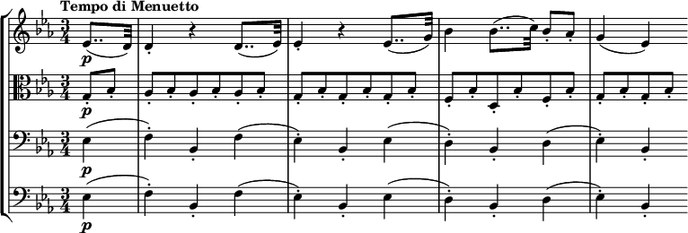 
\new StaffGroup <<
 \new Staff { \relative c' { \key ees \major \time 3/4 \tempo "Tempo di Menuetto" \partial 4
  \set Staff.midiInstrument = "violin"
  \set Score.tempoHideNote = ##t \tempo 4 = 88
  ees8..\p (d32) d4\staccato r d8.. (ees32) ees4\staccato r ees8.. (g32) bes4 bes8.. (c32) bes8\staccato aes\staccato g4 (ees) } }
 \new Staff { \relative c' { \key ees \major \time 3/4 \clef C \partial 4
  \set Staff.midiInstrument = "viola"
  g8\staccato\p bes8\staccato aes8\staccato bes8\staccato aes8\staccato bes8\staccato aes8\staccato bes8\staccato g8\staccato bes8\staccato g8\staccato bes8\staccato g8\staccato bes8\staccato f8\staccato bes8\staccato d,8\staccato bes'8\staccato f8\staccato bes8\staccato g8\staccato [bes8\staccato g8\staccato bes8\staccato] } }
 \new Staff { \relative c { \key ees \major \time 3/4 \clef bass \partial 4
  \set Staff.midiInstrument = "cello"
  ees4\p (f\staccato) bes,\staccato f'4 (ees\staccato) bes\staccato ees4 (d\staccato) bes\staccato d4 (ees\staccato) bes\staccato } }
 \new Staff { \relative c { \key ees \major \time 3/4 \clef bass \partial 4
  \set Staff.midiInstrument = "contrabass"
  ees4\p (f\staccato) bes,\staccato f'4 (ees\staccato) bes\staccato ees4 (d\staccato) bes\staccato d4 (ees\staccato) bes\staccato } }
>>
