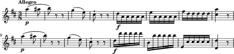 
\relative c'' {
         \clef "treble" 
         \tempo "Allegro" 
         \key d \major
         \time 3/8
      a'4\p (ais8 b) r8 r8
      g4 (e8) cis-!) r8 r8
      d16\f a a a a a
      e' a, a a a a 
      fis' d d d d d 
      <<cis4 a'>> r8
      a4\p (ais8 b) r8 r8
      g4 (e8) cis-!) r8 r8
      d16\f d'd d d d
      b, b' b b b b
      e,, cis' cis cis cis cis
      <<d,4 d'>> r8                 
}
