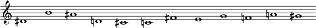 {
{\omit Score.TimeSignature \omit Score.BarLine dis'1 b'1 ais'1 d'!1 cis'1 c'!1 fis'1 e'1 g'1 f'!1 a'!1 gis'1}
}
