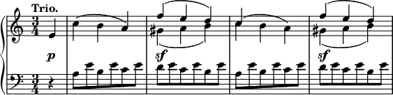 
 \relative c' {
  \new PianoStaff <<
   \new Staff { \key a \minor \time 3/4 \tempo "Trio." \partial 4
    <<
     { e4 \stemDown c'( b \stemUp a) f'( e d) c( \stemDown b a) \stemUp f'( e d) }
    \\
     { s4 s2. gis,4( a b) c s2 gis4( a b) }
    >>
   }
   \new Dynamics {
    s4\p s2. s\sf s s\sf
   }
   \new Staff { \key a \minor \time 3/4 \clef bass
    r4 a,8 e' b e c e d e c e b e a, e' b e c e d e c e b e
   }
  >>
 }
