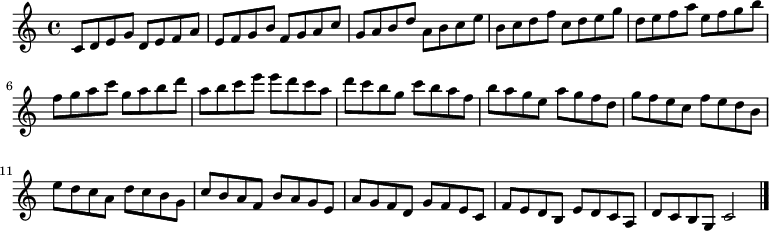 
{

\modalTranspose c c' { c d e f g a b } { c8 d e g } 
\modalTranspose c d' { c d e f g a b } { c d e g } 
\modalTranspose c e' { c d e f g a b } { c d e g } 
\modalTranspose c f' { c d e f g a b } { c d e g } 
\modalTranspose c g' { c d e f g a b } { c d e g } 
\modalTranspose c a' { c d e f g a b } { c d e g } 
\modalTranspose c b' { c d e f g a b } { c d e g } 
\modalTranspose c c'' { c d e f g a b } { c d e g } 
\modalTranspose c d'' { c d e f g a b } { c d e g } 
\modalTranspose c e'' { c d e f g a b } { c d e g } 
\modalTranspose c f'' { c d e f g a b } { c d e g } 
\modalTranspose c g'' { c d e f g a b } { c d e g } 
\modalTranspose c a'' { c d e f g a b } { c d e g } 

\modalInversion c e''' { c d e f g a b } { c d e g } 
\modalInversion c d''' { c d e f g a b } { c d e g } 
\modalInversion c c''' { c d e f g a b } { c d e g } 
\modalInversion c b'' { c d e f g a b } { c d e g } 
\modalInversion c a'' { c d e f g a b } { c d e g } 
\modalInversion c g'' { c d e f g a b } { c d e g } 
\modalInversion c f'' { c d e f g a b } { c d e g } 
\modalInversion c e'' { c d e f g a b } { c d e g } 
\modalInversion c d'' { c d e f g a b } { c d e g } 
\modalInversion c c'' { c d e f g a b } { c d e g } 
\modalInversion c b' { c d e f g a b } { c d e g } 
\modalInversion c a' { c d e f g a b } { c d e g } 
\modalInversion c g' { c d e f g a b } { c d e g } 
\modalInversion c f' { c d e f g a b } { c d e g } 
\modalInversion c e' { c d e f g a b } { c d e g } 
\modalInversion c d' { c d e f g a b } { c d e g } 

c'2

\bar "|."
}
